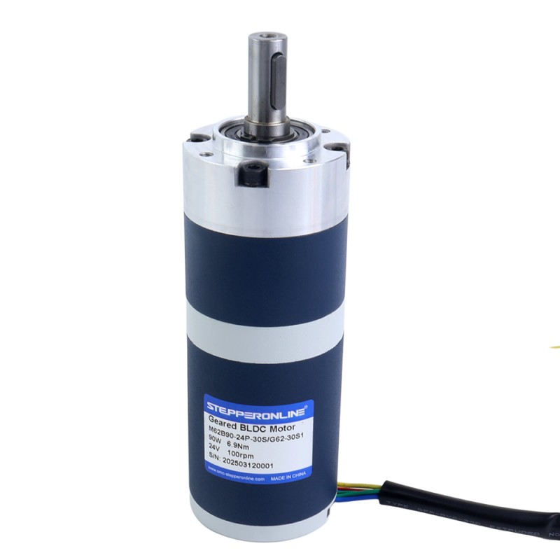 24V 90W 100RPM 기어드 브러시리스 DC 모터 6.90Nm(977.12oz.in) 30:1 플래너터리 기어박스 - M62B90-24P-30S/G62-30S1 | StepperOnline