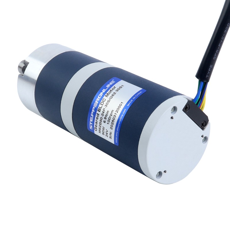 24V 90W 100RPM 기어드 브러시리스 DC 모터 6.90Nm(977.12oz.in) 30:1 플래너터리 기어박스 - M62B90-24P-30S/G62-30S1 | StepperOnline