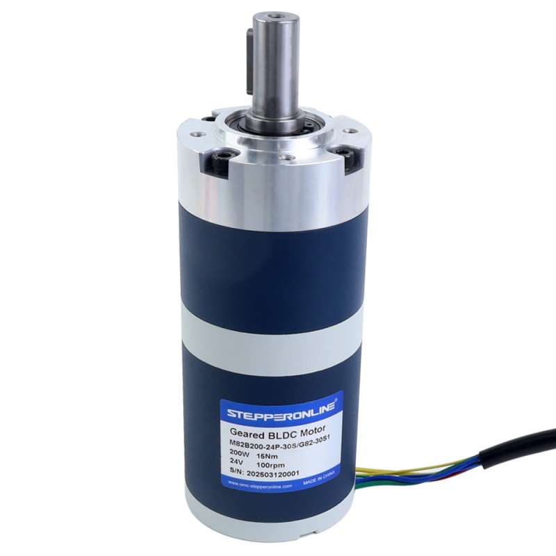 24V 200W 100RPM 기어드 브러시리스 DC 모터 15.00Nm(2124.17oz.in) 30:1 플래너터리 기어박스 - M82B200-24P-30S/G82-30S1 | StepperOnline