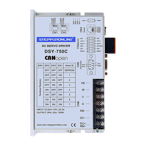 DSY 시리즈 750W CANopen DC 서보 모터 24-70VDC 2.39Nm 브레이크 포함 3000rpm 17-비트 증분형 엔코더 IP65 - DSY-C750L2B2-M17S | StepperOnline