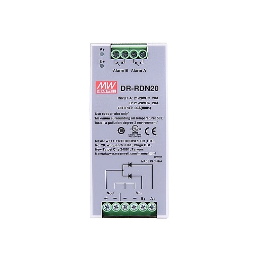 DR-RDN20 MEANWELL 24VDC 20A 중복 모듈 DIN 레일 전원 공급 장치 DR-RDN20 MEANWELL 24VDC 20A 중복 모듈 DIN 레일 전원 공급 장치
