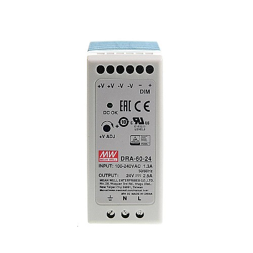 DRA-60-24 MEANWELL 60W 24VDC 2.5A 115/230VAC 단일 출력 스위칭 전원 공급 장치