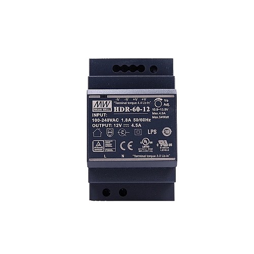 HDR-60-12 MEANWELL 54W 12VDC 4.5A 115/230VAC 울트라 슬림 계단 모양 DIN 레일 전원 공급 장치