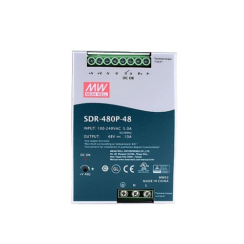 SDR-480P-48 MEANWELL 480W 48VDC 10A 115/230VAC PFC 및 병렬 기능이 있는 단일 출력 산업용 DIN 레일