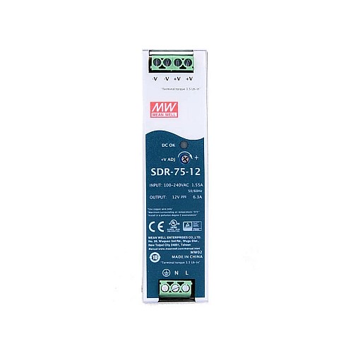 SDR-75-12 MEANWELL 75.6W 12VDC 6.3A 115/230VAC DIN 레일 전원 공급 장치