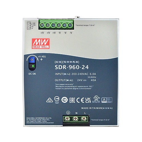 SDR-960-24 PFC 기능 DIN 레일 전원 공급 장치가 있는 MEANWELL 960W 24VDC 40A 230VAC