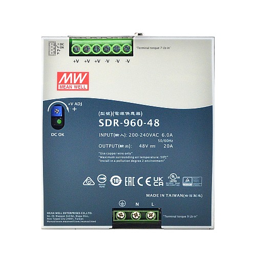 SDR-960-48 PFC 기능 DIN 레일 전원 공급 장치가 있는 MEANWELL 960W 48VDC 20A 230VAC 의미