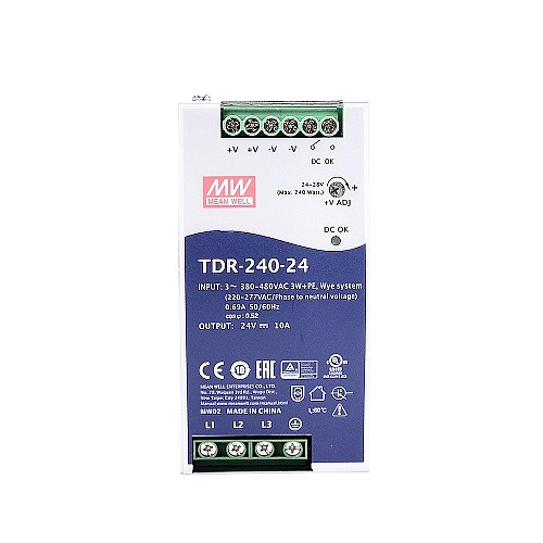 TDR-240-24 MEANWELL 240W 24VDC 10A 400/500VAC PFC 기능이 있는 슬림형 3상 산업용 DIN 레일 TDR-240-24 MEANWELL 240W 24VDC 10A 400/500VAC PFC 기능이 있는 슬림형 3상 산업용 DIN 레일