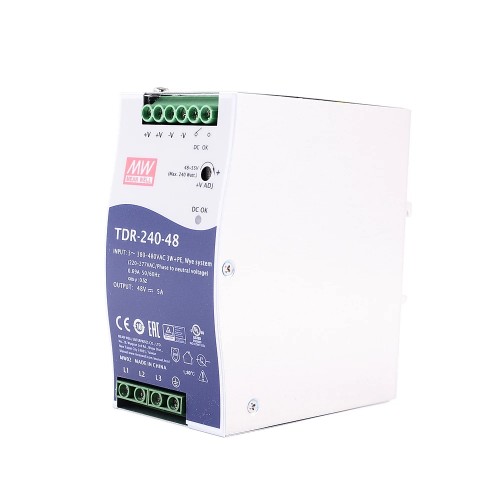 TDR-240-48 MEANWELL 240W 48VDC 5A 400/500VAC PFC 기능이 있는 슬림형 3상 산업용 DIN 레일 TDR-240-48 MEANWELL 240W 48VDC 5A 400/500VAC PFC 기능이 있는 슬림형 3상 산업용 DIN 레일