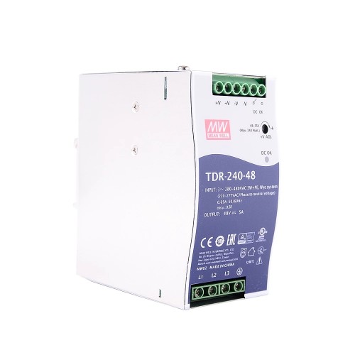 TDR-240-48 MEANWELL 240W 48VDC 5A 400/500VAC PFC 기능이 있는 슬림형 3상 산업용 DIN 레일 TDR-240-48 MEANWELL 240W 48VDC 5A 400/500VAC PFC 기능이 있는 슬림형 3상 산업용 DIN 레일