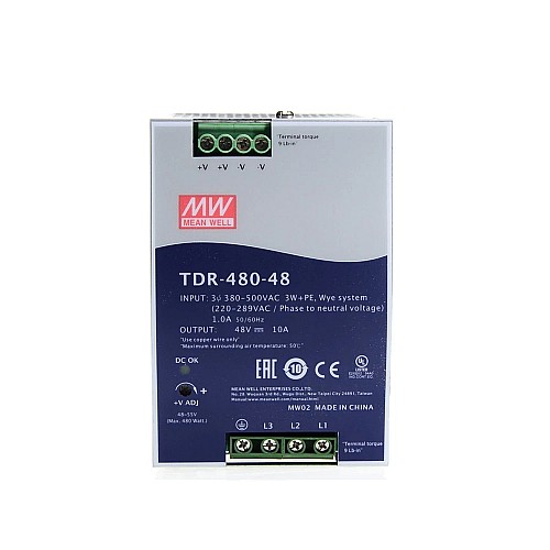 TDR-480-48 MEANWELL 480W 48VDC 10A 400/500VAC PFC 기능이 있는 슬림형 3상 산업용 DIN 레일